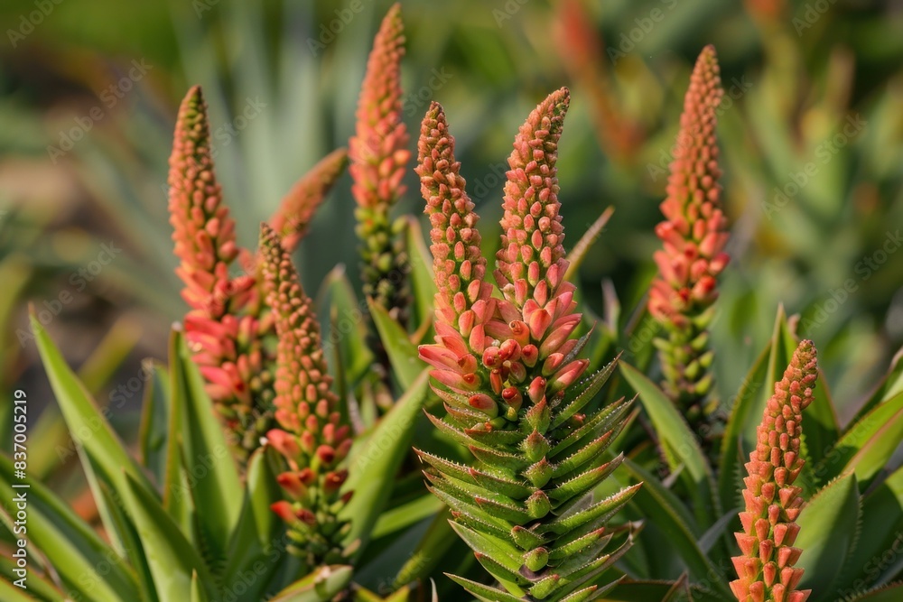 Closeup of red aloe vera flowers amidst succulent green leaves Closeup of red aloe vera flowers amidst succulent green leaves