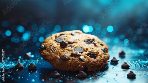 A cookie is showcased against a dramatic blue background, evoking the coding and programming environment of the internet. The hyperrealistic image is captured in 4K resolution.AI generative. photo