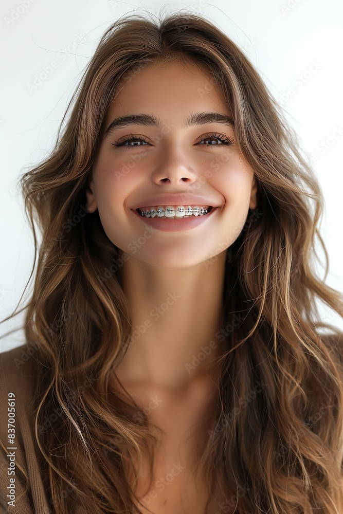 Teen girl with braces smiling in a closeup portrait, showcasing orthodontic dental treatment and care. Teen girl with braces smiling in a closeup portrait, showcasing orthodontic dental treatment and care.