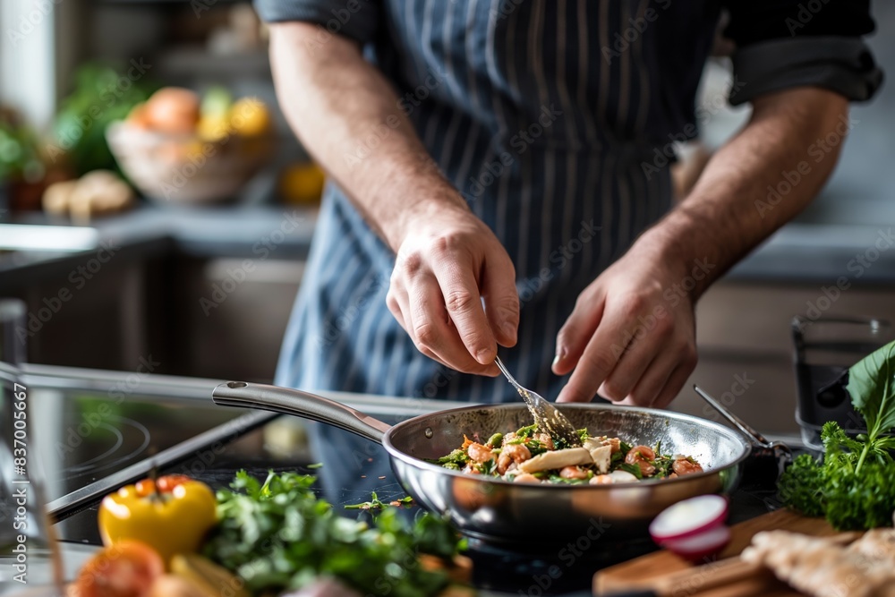 In the kitchen, a chef in an apron prepares a gourmet seafood and vegetable meal.