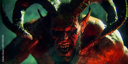 Fierce Demonic Creature with Glowing Eyes and Large Horns in a Dark, Fiery Environment, Showcasing Intense Expression and Detailed Textures, Perfect for Fantasy, Horror, and Mythological Themes photo