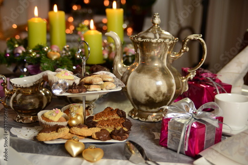 Coffee table is generously laid with home-baked Christmas cookies