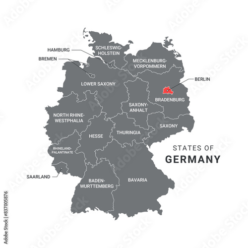 Geographical Administrative Map of Germany with Editable Text, Isolated on White Background.