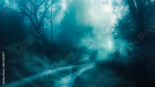 Mysterious Foggy Forest with Ethereal Light and Misty Pathway - Enigmatic Atmosphere in Dense Woodland