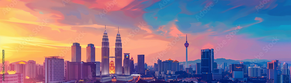 Obraz premium illustration colorful Kuala Lumpur skyline view in the morning.
