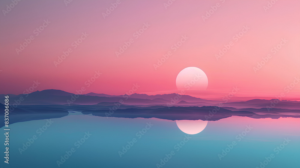 A pink and teal gradient sky with a rising sun over the horizon, reflecting on calm waters in front of distant mountains.