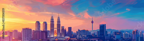 illustration colorful Kuala Lumpur skyline view in the morning.