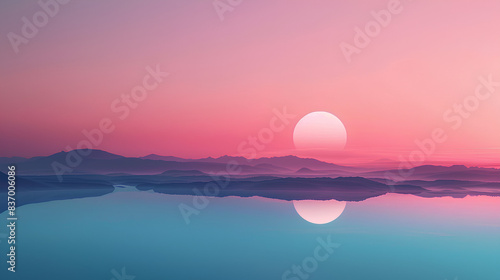 A pink and teal gradient sky with a rising sun over the horizon, reflecting on calm waters in front of distant mountains. © Dominika