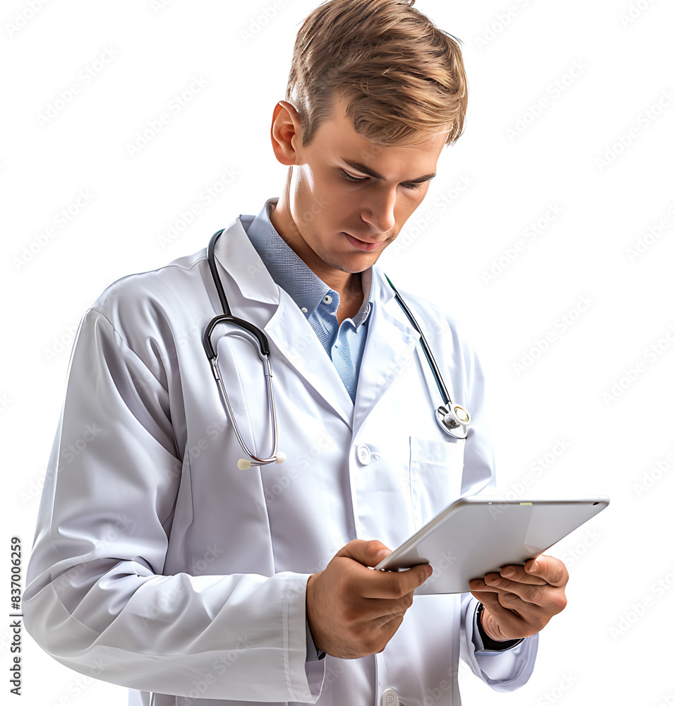 Confident male doctor using smartphone on isolated transparent background Confident male doctor using smartphone on isolated transparent background