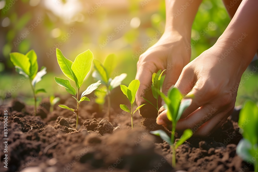 Eco-friendly lifestyle, person planting a tree in a community garden, hands in the soil, focus on sustainability and growth, sunny day.