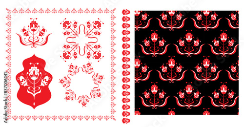 Polish folk art seamless embroidery pattern with flower. Red floral embroidery ornament traditional folk seamless pattern. Vector set 