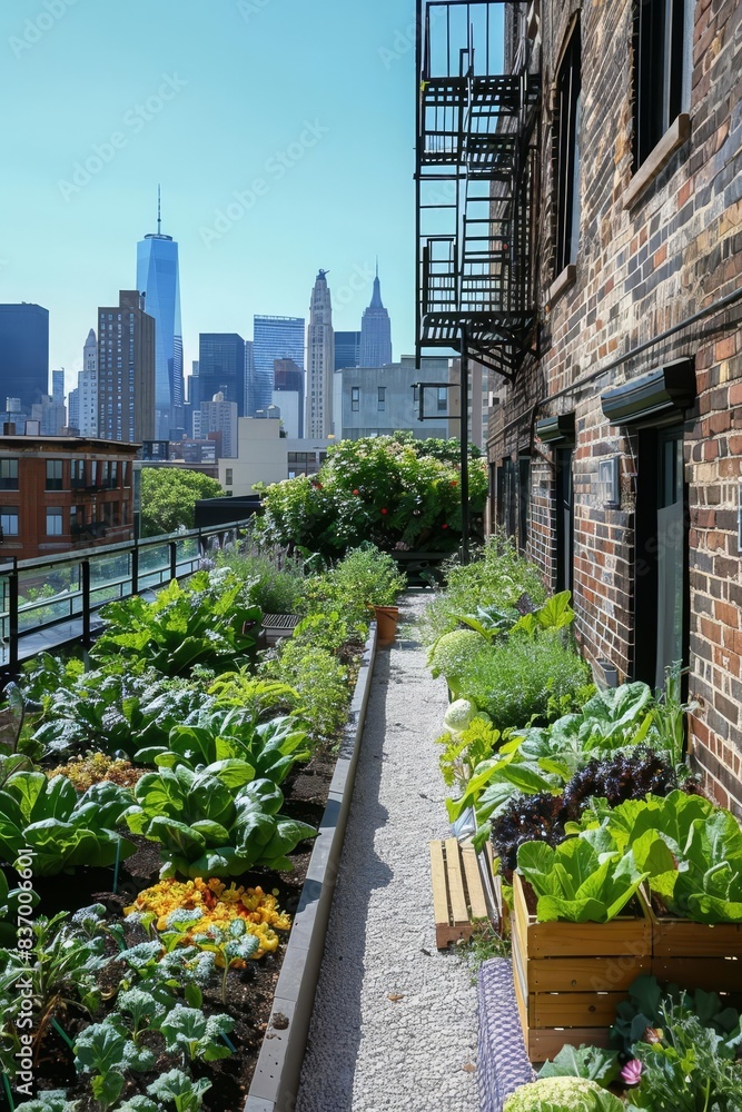 Fototapeta premium Urban rooftop garden with a variety of plants and vegetables