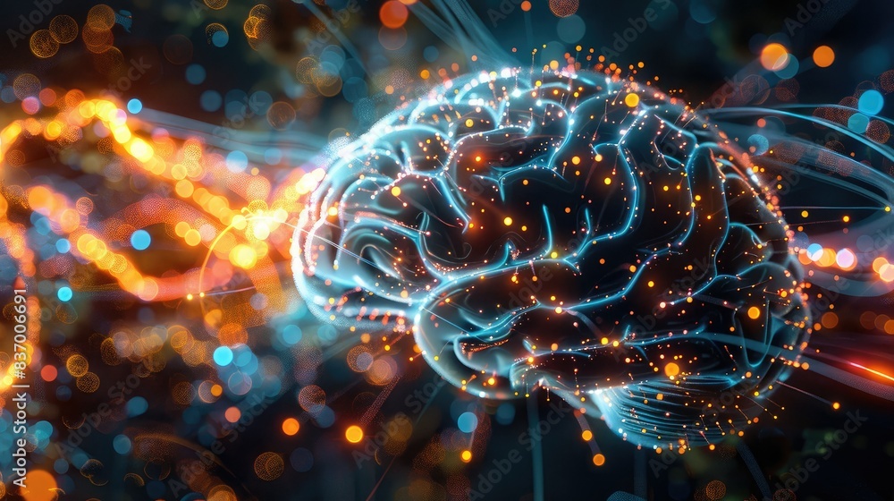 A brain with bright glowing neural connections, artificial intelligent A brain with bright glowing neural connections, artificial intelligent