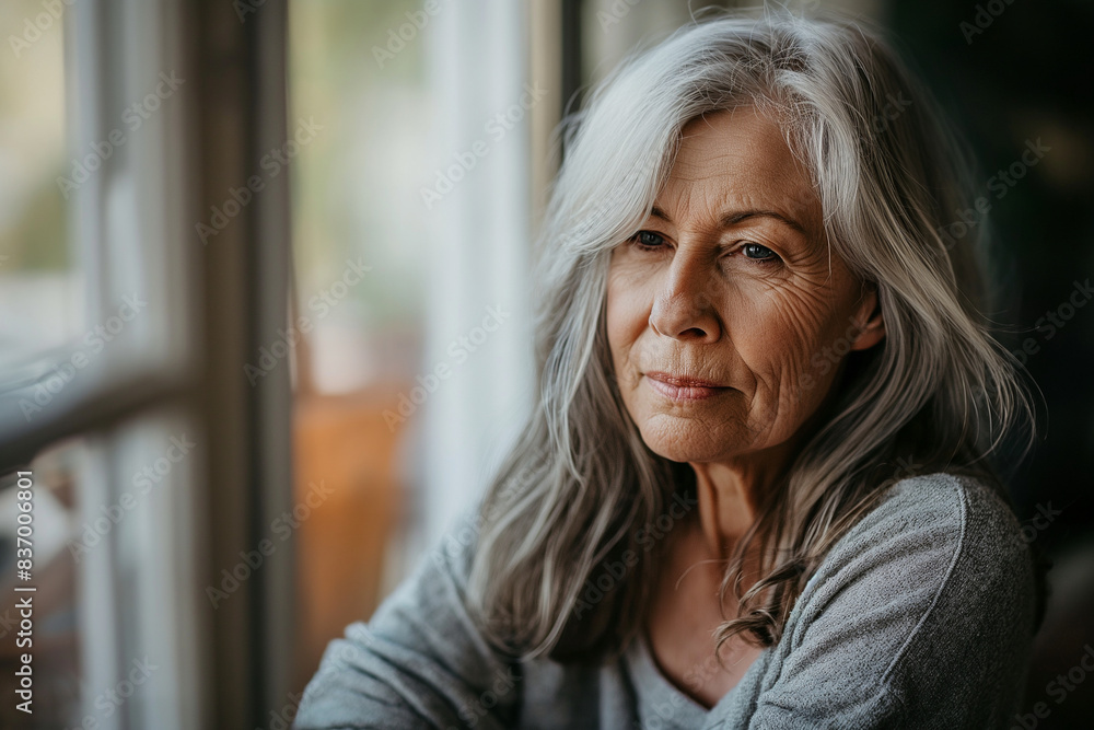 A woman with gray hair is sitting in a room with a window A woman with gray hair is sitting in a room with a window