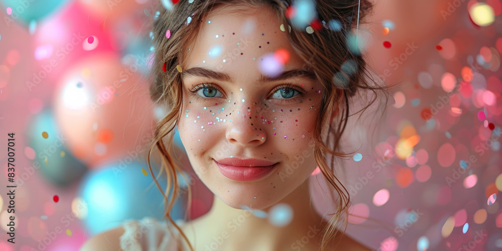 In a stunning portrait, a young woman radiates elegance and beauty with glamorous makeup and shiny glitters In a stunning portrait, a young woman radiates elegance and beauty with glamorous makeup and shiny glitters