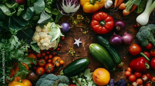 This surreal image shows vegetables as planets orbiting around a tiny starfruit  blending artistic food presentation with cosmic fantasy. vegetables planets starfruit foodart creative.AI generative.