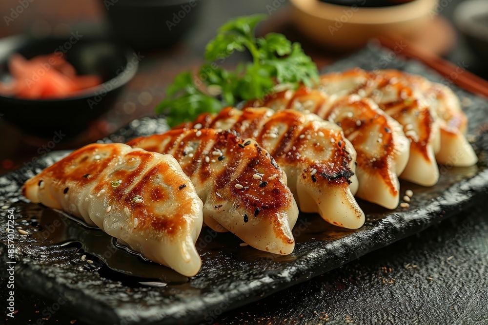 Gyoza - Japanese dumplings filled with meat and vegetables, served with dipping sauce. Gyoza - Japanese dumplings filled with meat and vegetables, served with dipping sauce.