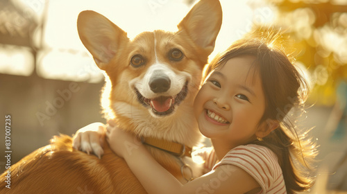 A joyful portrait of a little Asian girl with her corgi, both smiling at the camera, showcasing their affectionate bond. Keywords: girl, Asian, little, corgi, dog. Enhanced using AI generative.