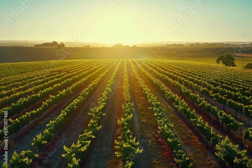 Golden Hour Landscape of Neat Grapevines Generative AI