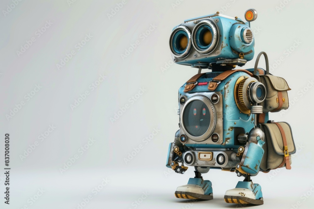 Whimsical robotic figure with camera head and backpack, standing against a clean background