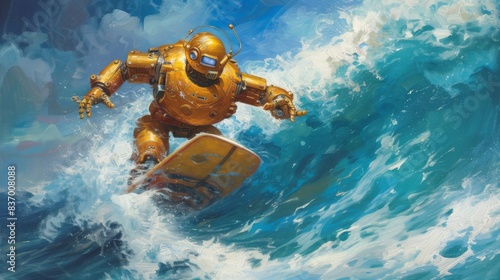 Painting depicting a Golden Robot surfing the waves of financial markets in search of opportunity and profit --no text --ar 16:9 --quality 0.5 Job ID: c747ffa9-c484-4889-8b0f-aa60112966ca
