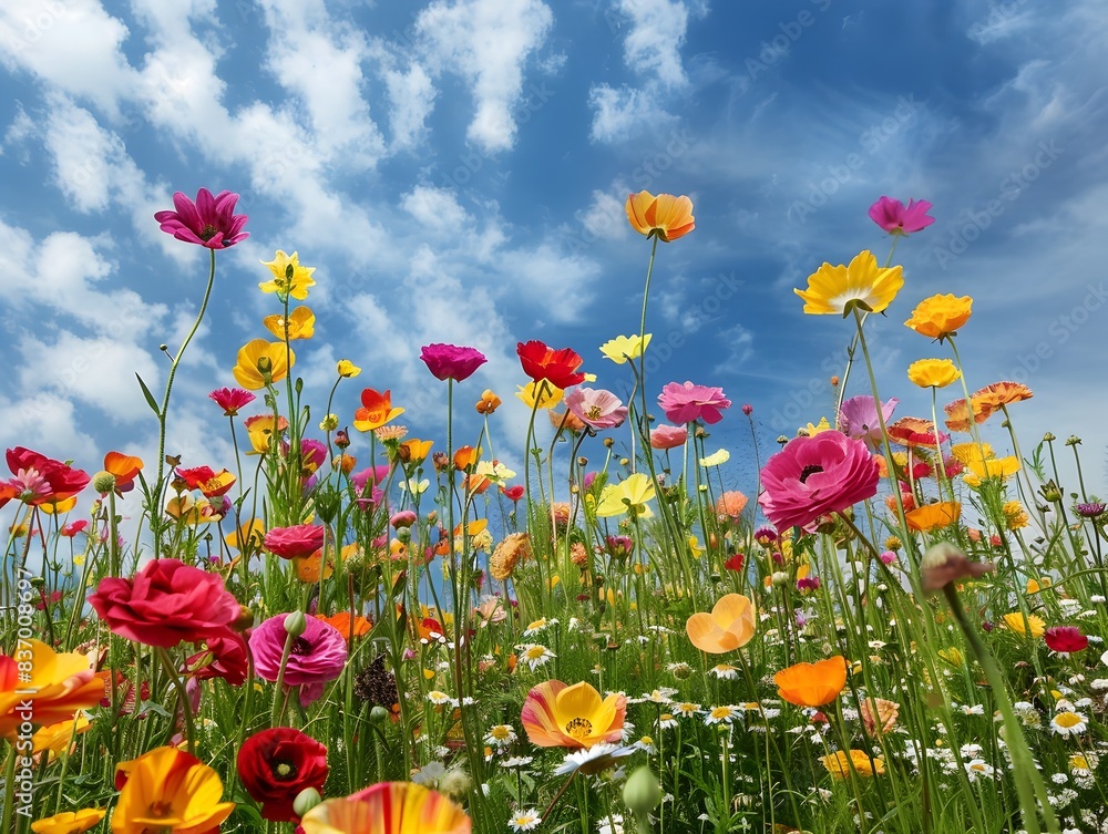 Naklejka premium Vibrant Field of Colorful Blooming Flowers Under a Bright Blue Sky with Fluffy Clouds