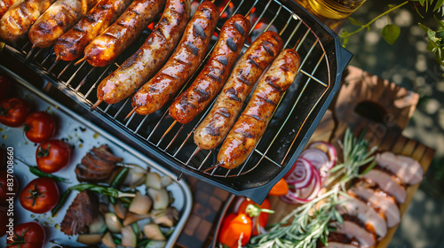 Summer barbecue with spicy merguez sausages and meat. Sausages are cooked on a grill grate, top view.