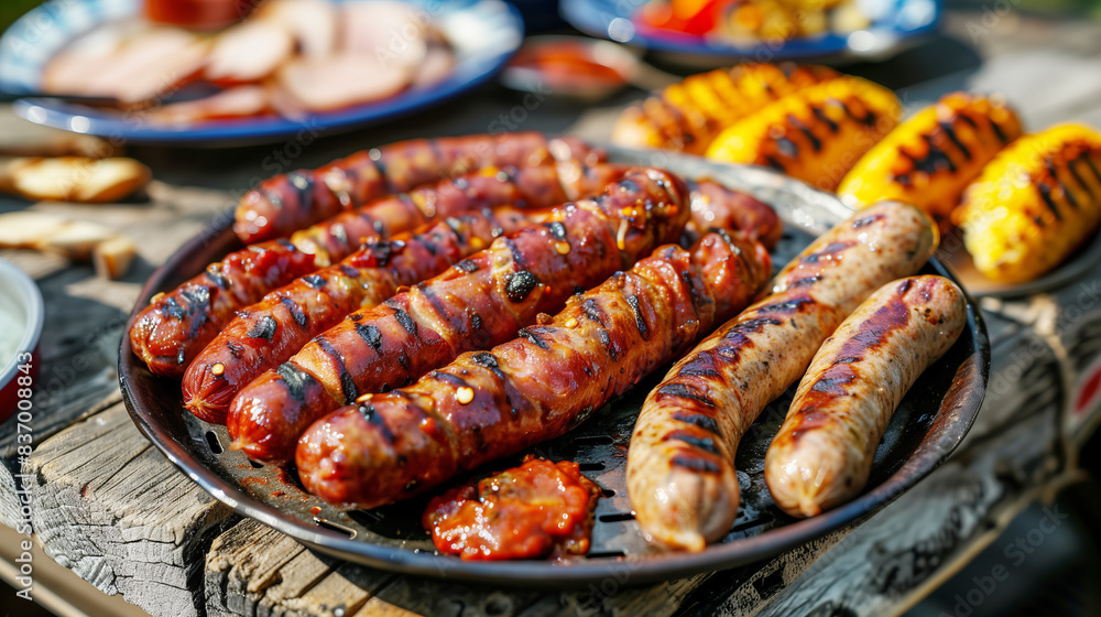 Summer barbecue with spicy merguez sausages with beef and chicken. Sausages cool on a metal plate on a wooden table, which emphasizes the rustic style Summer barbecue with spicy merguez sausages with beef and chicken. Sausages cool on a metal plate on a wooden table, which emphasizes the rustic style