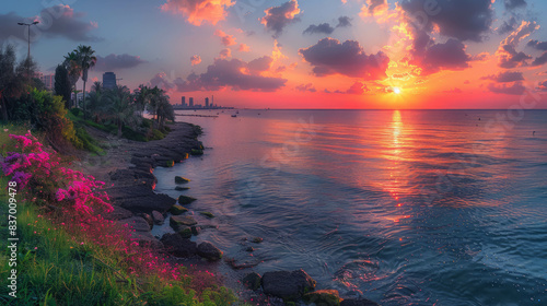 A stunning sunset over the Mediterranean Sea in Tel Aviv's Jaffa park, casting vibrant hues across tranquil waters and a rocky shore. sunset, Mediterranean, sea,vibrant,hues. AI generative. photo