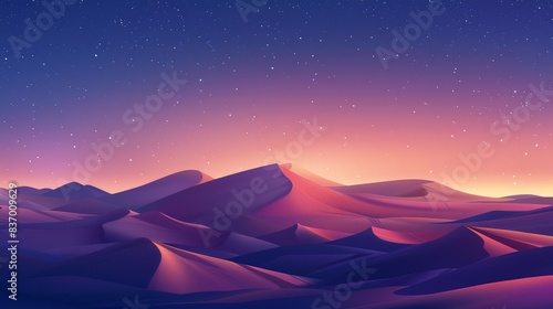 Dawn Landscape, with Desert Sand Dunes. Empty Modern Wallpaper with Cool Gradient Starry Sky