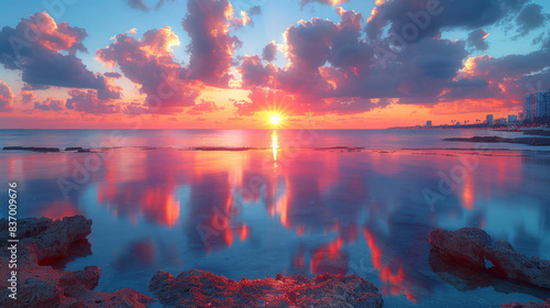 A breathtaking sunset over the Mediterranean Sea at Tel Aviv's Jaffa park, with vibrant hues illuminating tranquil waters and rocky shore. sunset, Mediterranean, sea, vibrant, hues. AI generative.. photo