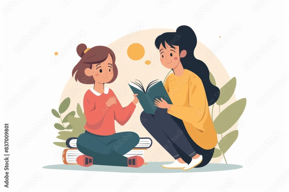 A painted mother and daughter are sitting on the floor in the living room and reading a book. The concept of nurturing a love of reading and developing self-knowledge.
A painted mother and daughter are sitting on the floor in the living room and reading a book. The concept of nurturing a love of reading and developing self-knowledge.