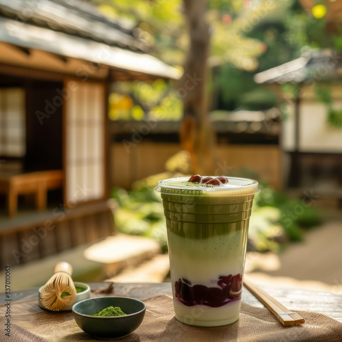 A transparent cup of matcha latte with rich layers of matcha, milk, and red beans, set in a Japanese courtyard surrounded by matcha utensils, showcases a serene and delightful scene. AI generative... photo