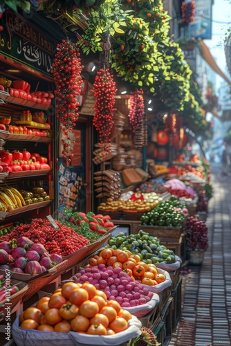 Vibrant Outdoor Market in Narrow Alley Selling an Abundance of Colorful Fruits and Vegetables with Suspended Peppercorns and Organic ProduceMarket