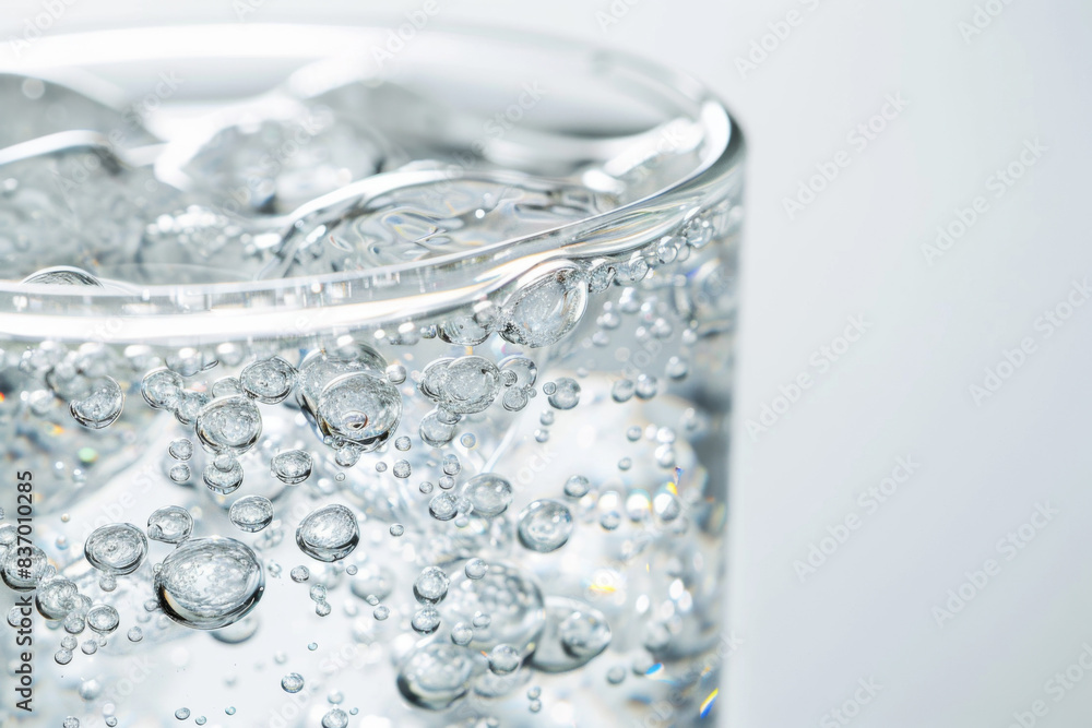 Macro Close-Up of Sparkling Water Surface in Glass on Bright White Background, Product Advertisement, Minimalist and Clean Design, Effervescent Bubbles, Freshness, and Pure Beverage Focus Macro Close-Up of Sparkling Water Surface in Glass on Bright White Background, Product Advertisement, Minimalist and Clean Design, Effervescent Bubbles, Freshness, and Pure Beverage Focus