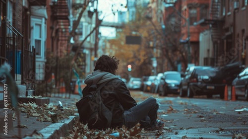 a child sitting with a homeless parent in a city alley