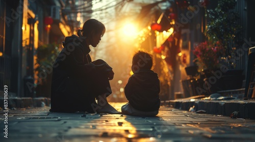 a child sitting with a homeless parent in a city alley photo