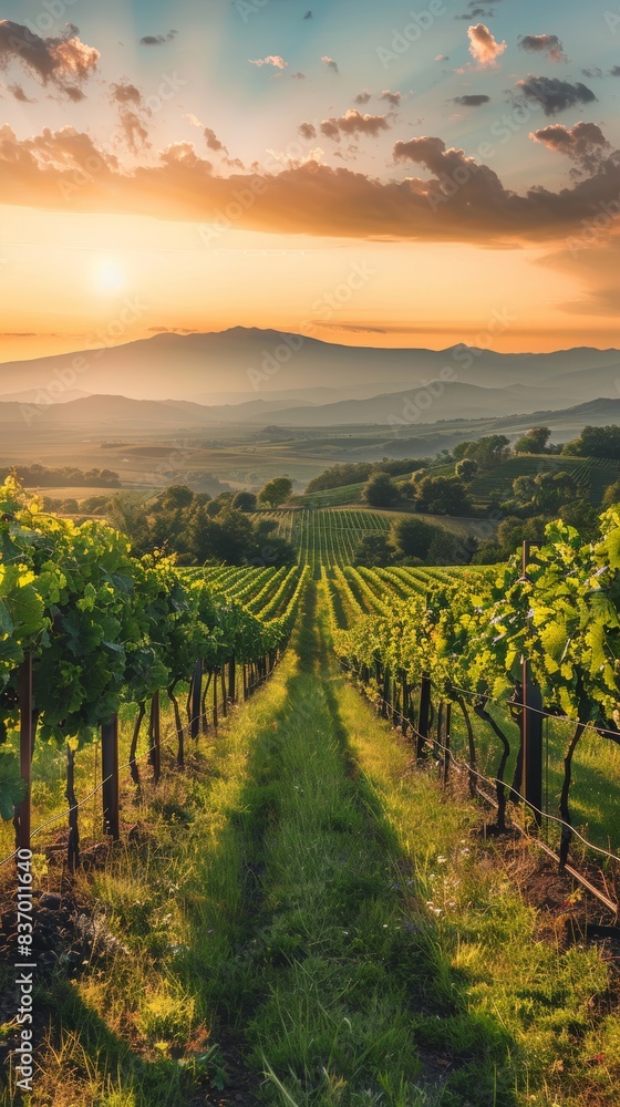 Sunset Over the Vineyards, Scenic Landscape Generative AI
