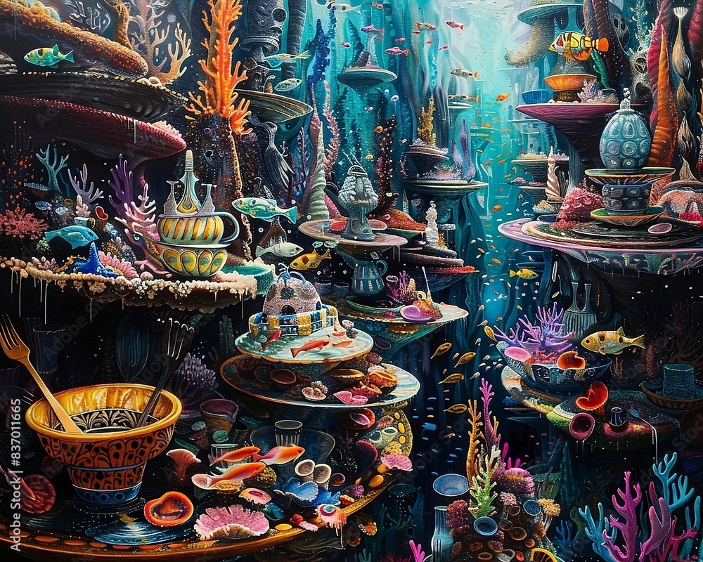Stunning oil painting colorful underwater scene pottery Stunning oil painting colorful underwater scene pottery