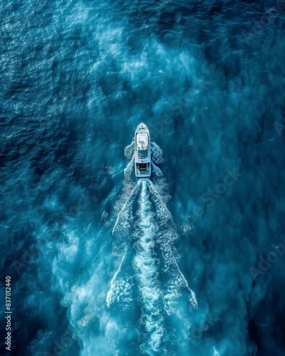 Boat gliding through vibrant blue ocean, perfect for adventurous travel. © chakrapong