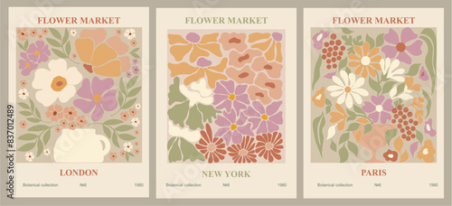 Set of abstract Flower Market posters. Trendy botanical wall arts with floral design in danish pastel colors. Modern naive groovy funky interior decorations, paintings. Vector art illustration. © Creative_Juice_Art