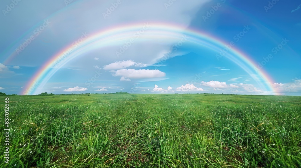 Green grass field, blue sky rainbow, background nature Green grass field, blue sky rainbow, background nature