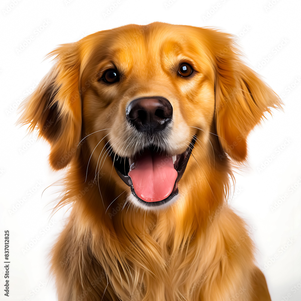 Golden Retriever Portrait on White Background - Happy Dog with Tongue Out, Fluffy Fur, and Bright Eyes - Perfect for Pet Lovers, Animal Enthusiasts, and Canine-Themed Projects