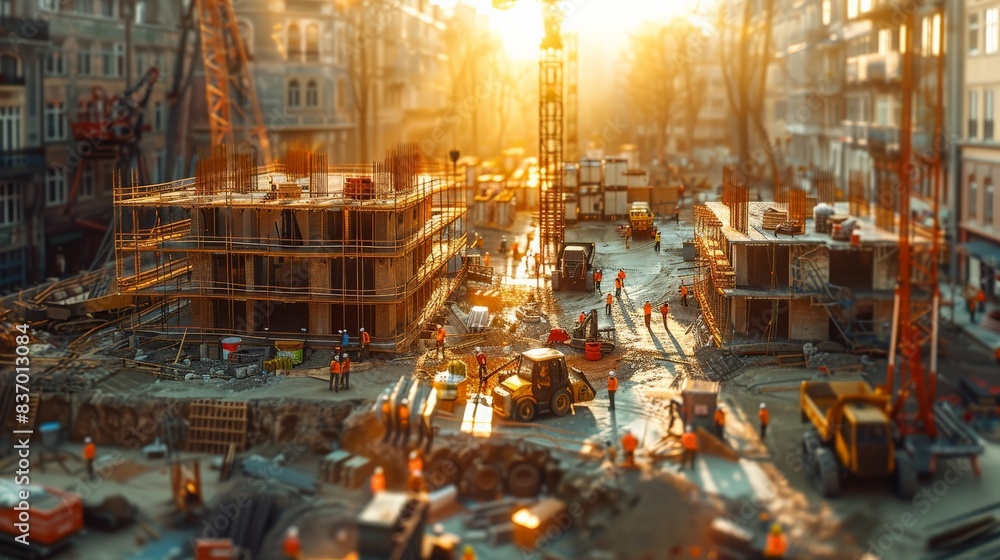 Urban Construction Site at Sunrise with Workers and Heavy Machinery, Building Foundations, Scaffolding, and City Skyline in Background Capturing the Early Morning ActivityConstruction Urban Construction Site at Sunrise with Workers and Heavy Machinery, Building Foundations, Scaffolding, and City Skyline in Background Capturing the Early Morning ActivityConstruction