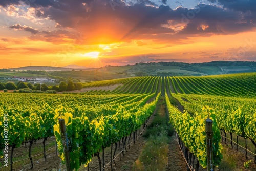 Sunset Over the Vineyard, Serene Panoramic View Generative AI