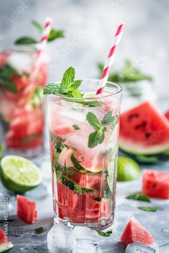 watermelon mojito in a tall glass with a striped straw   mint and lime  on light background  