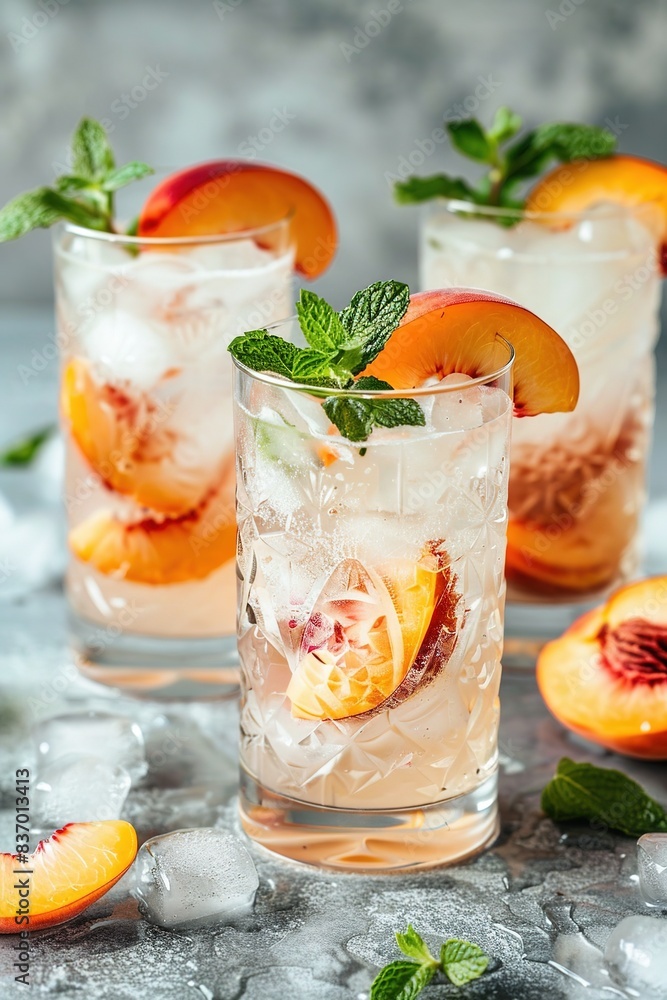 Cold iced peach cocktail with peach slices and mint in tall glasses on grey background Cold iced peach cocktail with peach slices and mint in tall glasses on grey background
