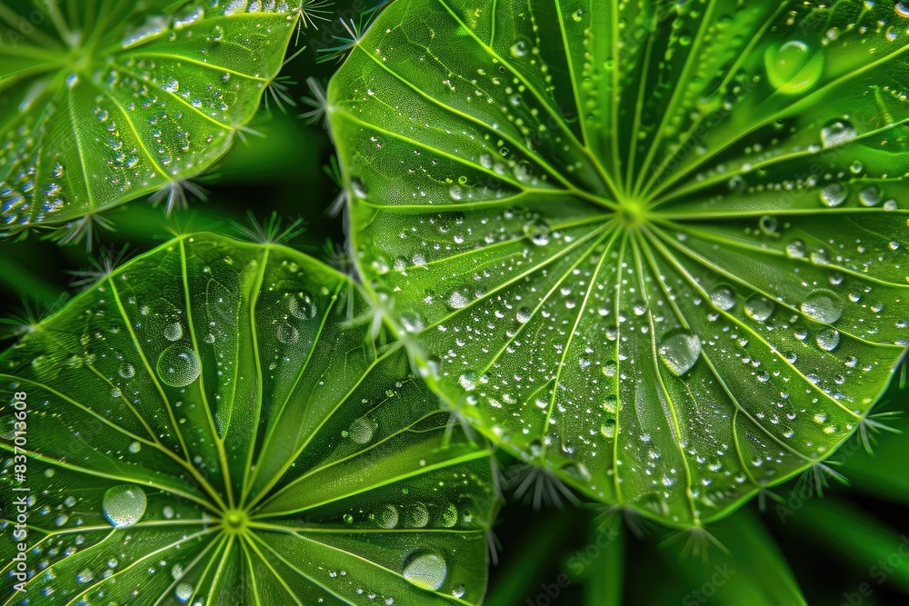 Close-up of fresh green leaves with water droplets, showcasing natural beauty and intricate details of veins, perfect for nature-themed designs. Close-up of fresh green leaves with water droplets, showcasing natural beauty and intricate details of veins, perfect for nature-themed designs.
