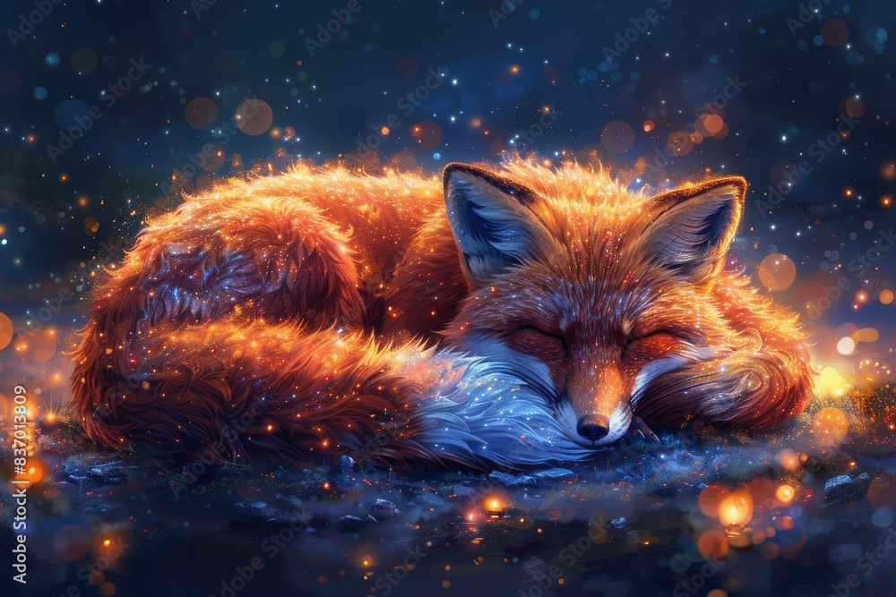 Two foxes intertwined in a heart shape, surrounded by celestial colors and bokeh lights against a starlit night sky. Two foxes intertwined in a heart shape, surrounded by celestial colors and bokeh lights against a starlit night sky.