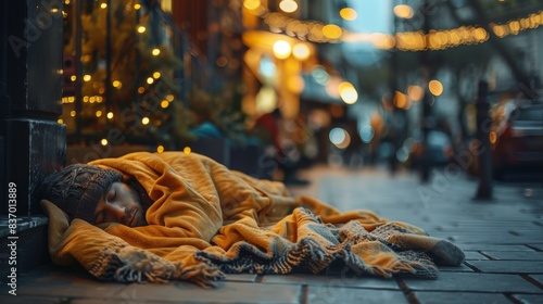 a homeless person sleeping on a sidewalk, covered in blankets